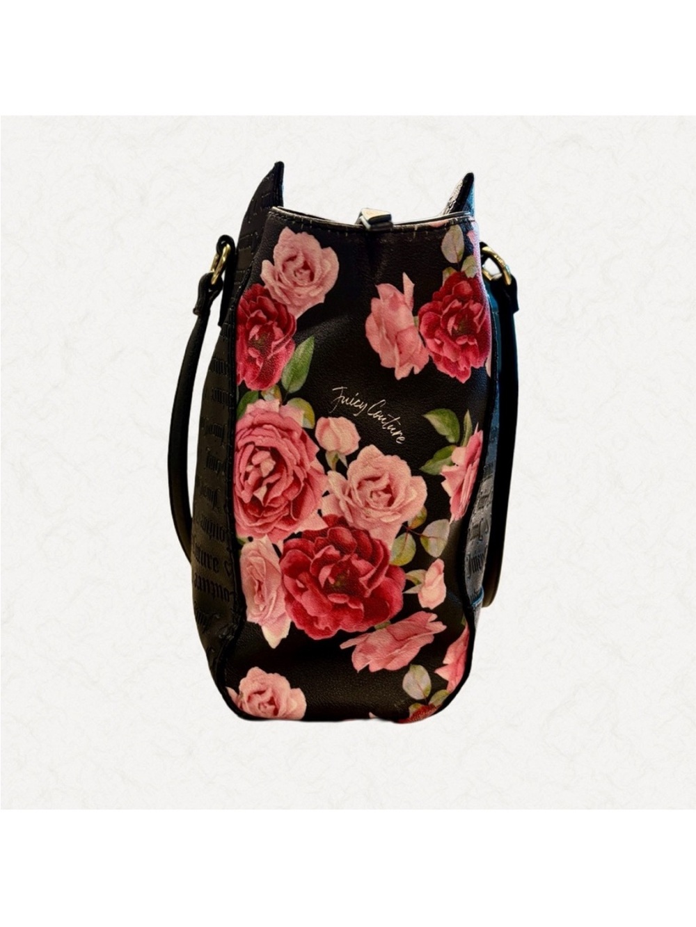 Juicy Couture Black Tote with Pink Rose Panels and Gold Logo Charm - Picture 3 of 12